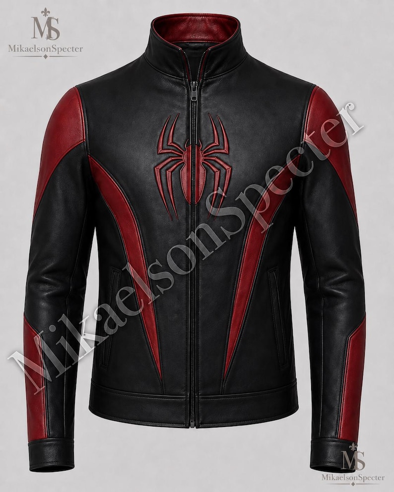 ront mockup of black and red spider inspired leather jacket with plain premium leather texture, chest emblem, and sleek biker design