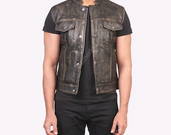 Men’s Distressed Brown Leather Vest, Vintage Style Sleeveless Jacket for Biker & Casual Wear, Gift.