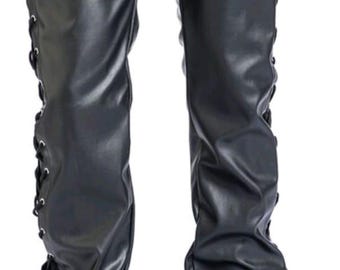 Men’s Black Lace-Up Leather Pants, Gothic Punk Rock Slim Fit Trousers