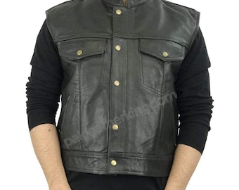 Men’s Leather Vest, Distressed Black Sleeveless Jacket, Vintage Style Casual Outerwear, Gift.