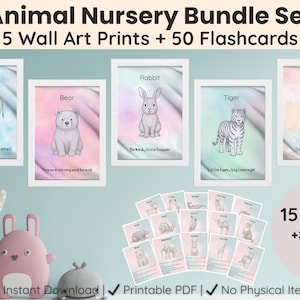 Pacote de arte de parede para berçário de animais e flashcards Montessori para impressão – Conjunto de decoração educacional para crianças – Download instantâneo – PDF