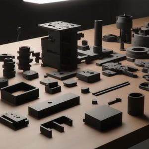 May include: A collection of black machine components, including cylinders, blocks, and geometric shapes, are displayed on a light brown wooden surface. The parts are of various sizes and shapes. The lighting casts shadows, emphasising the textures and forms of the components.