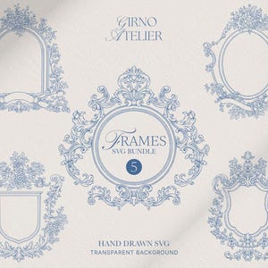 May include: A collection of five blue ornate frame designs. The frames include oval, arched, and shield shapes, all with detailed floral and scrollwork. The text "FRAMES SVG BUNDLE 5" is in the center. The words "GIRNO ATELIER" are at the top.