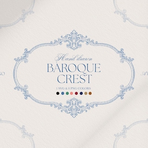 May include: A digital graphic featuring a blue hand-drawn baroque crest frame with ornate scrollwork. The text reads Hand drawn BAROQUE CREST, 1 SVG & 8 PNG COLOURS, GIRNO, and ATELIER. Eight coloured circles are displayed below the main text.