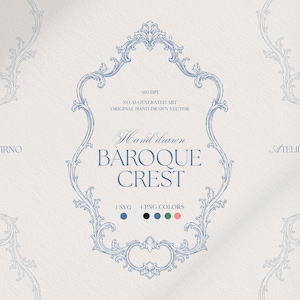 May include: A digital graphic featuring a blue hand-drawn baroque crest frame on a light background. The text reads: 300 DPI, NO AI-GENERATED ART, ORIGINAL HAND-DRAWN VECTOR, Hand drawn BAROQUE CREST, 1 SVG, 4 PNG COLORS, GIRNO, and ATELIER.