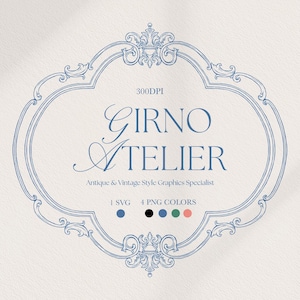 Puede incluir: Un marco azul claro adornado con el texto "GIRNO ATELIER" en una fuente decorativa. Debajo, se lee "Antique & Vintage Style Graphics Specialist". La imagen también incluye muestras de color y el texto "300DPI, 1 SVG, 4 PNG COLORS".