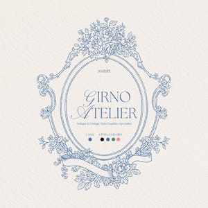 May include: A blue and white floral design with the text "GIRNO ATELIER" in an oval frame. The design includes floral elements, decorative flourishes, and a banner. The words "Antique & Vintage Style Graphics Specialist" are also included.