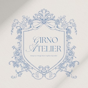 May include: A blue and white vintage-style logo with ornate floral details and a shield shape. The text "Girno Atelier" is written in a cursive font with the tagline "Antique & Vintage Style Graphics Specialist".