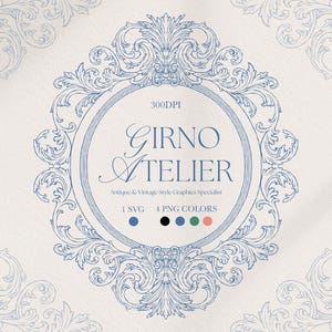 May include: An ornate blue and white graphic design featuring a central circular frame with the text "GIRNO ATELIER" and decorative flourishes. The design includes the text "Antique & Vintage Style Graphics Specialist" and color options.