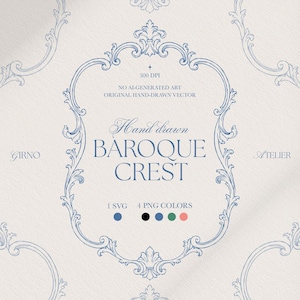 Può includere: Un design digitale con uno stemma barocco disegnato a mano in blu chiaro. Il design include decorazioni decorative e il testo "Hand drawn BAROQUE CREST". L'immagine include anche il testo "300 DPI" e "1 SVG 4 PNG COLORS".