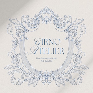 以下が含まれることがあります： 装飾的なディテールが施された青と白の手描きアンティークフレーム。フレームには「GIRNO ATELIER」というテキストと「手描きアンティークフレーム PNGデジタルファイル」という単語が書かれています。