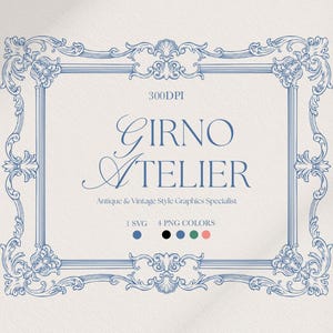 May include: A light blue rectangular frame with ornate scrollwork and the text "GIRNO ATELIER" in elegant script. The text "Antique & Vintage Style Graphics Specialist" is also present. Includes 1 SVG and 4 PNG colors.