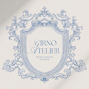 Op de afbeelding: Een blauw en wit antiek frame-ontwerp met de tekst "GIRNO ATELIER" in elegant schrift. Het frame is schildvormig, omgeven door sierlijke bloemenkrullen. De tekst "Hand drawn antique frame PNG digital file" is ook opgenomen.