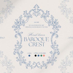 Puede incluir: Un marco de escudo barroco dibujado a mano en azul con detalles florales. El texto dice: 300 DPI, NO AI-GENERATED ART, ORIGINAL HAND-DRAWN VECTOR, Hand drawn, BAROQUE CREST, 1 SVG, 4 PNG COLORS, GIRNO, ATELIER. Cuatro círculos de colores aparecen.