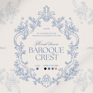May include: A navy blue hand-drawn Baroque crest design with floral and scroll details. The design includes the text "Hand drawn BAROQUE CREST" and "NO AI-GENERATED ART ORIGINAL HAND-DRAWN VECTOR". Colour options are also shown.