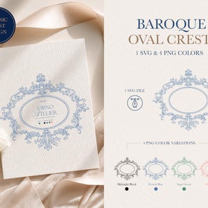 May include: A digital design showcasing a baroque oval crest in blue. The design includes the text "BAROQUE OVAL CREST" and "IRNO ATELIER". It offers 1 SVG file and 4 PNG colour variations, including Midnight Black, French Blue, Sage Green, and Dusty Rose.