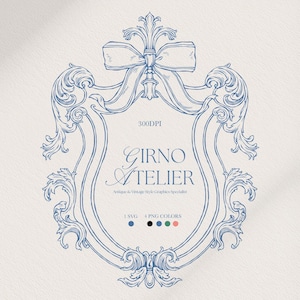 Könnte beinhalten: Eine blau-weiße Illustration eines dekorativen Emblems mit dem Text "GIRNO ATELIER". Das Emblem zeigt verzierte Schnörkel, eine Schleife und den Text "Antique & Vintage Style Graphics Specialist". Das Bild enthält auch den Text "300DPI", "1 SVG" und "4 PNG COLORS".