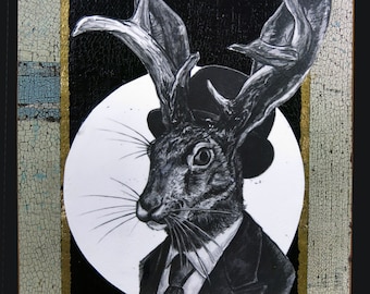 May include: A black and white drawing of a rabbit wearing a suit and a hat with antlers. The rabbit is in a circular frame with a black background.