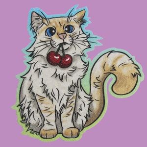 May include: A white and brown cat with blue eyes is holding two red cherries in its mouth. The cat is sitting on a green and blue background.