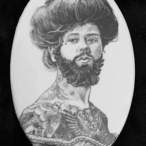 May include: A black and white drawing of a person with a large, bushy beard and a turban-like head covering. The person is wearing a patterned shirt with a rope-like design around the neck.