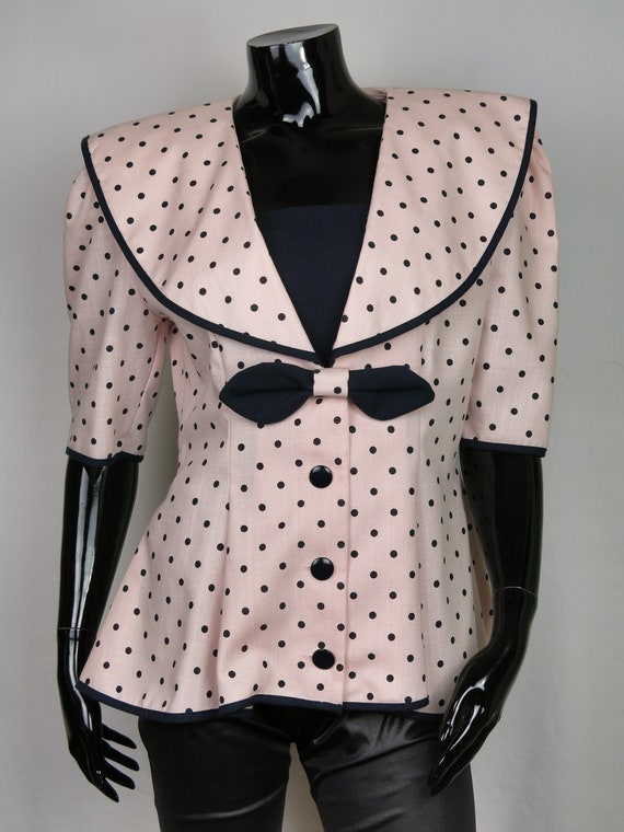 SALE!! 1980s Pink and Navy Polka Dot Wide Collar S