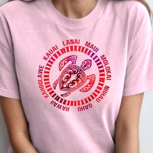 Hawaii Islands Red Turtle tee on Comfort Colors 1717, Ethnic Tribal Sea Turtle Tee, Hawaiian Vacation Souvenir tee, Boho Island Shirt