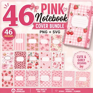 Pink Notebook Cover Bundle SVG PNG, 46 Cute Coquette Journal Designs, Girly Planner Covers, Bows Floral School Digital Download Set
