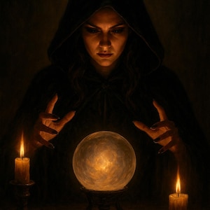 Könnte beinhalten: Eine Frau in einem schwarzen Kapuzenmantel blickt auf eine leuchtende Kristallkugel. Zwei brennende Kerzen flankieren die Kugel und werfen ein warmes Licht auf den dunklen Hintergrund. Die Szene erinnert an ein mystisches oder wahrsagerisches Thema.
