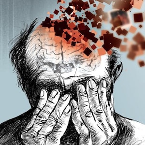 Könnte beinhalten: Eine Schwarzweißillustration einer Person, die sich den Kopf in die Hände nimmt. Das Gehirn der Person ist sichtbar und wird in kleine Quadrate zerbrochen. Die Quadrate sind rot und orange.