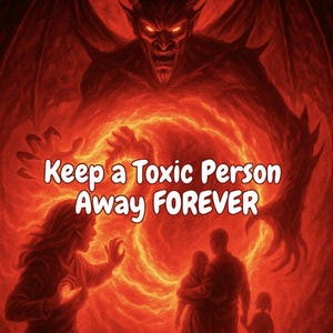 May include: A digital illustration with a fiery red background features a demonic figure with horns and wings looming over a family. The text "Keep a Toxic Person Away FOREVER" is displayed in white.