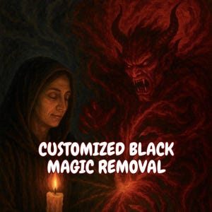 May include: An artistic illustration featuring a woman in a hooded cloak with a lit candle, and a red demonic figure. The text "CUSTOMIZED BLACK MAGIC REMOVAL" is displayed in white letters.