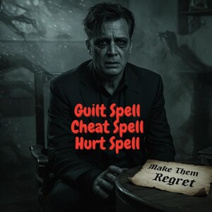 May include: A grayscale image of a man in a dark suit, looking distressed. Red text overlay reads "Guilt Spell, Cheat Spell, Hurt Spell." A scroll on a table says "Make Them Regret."