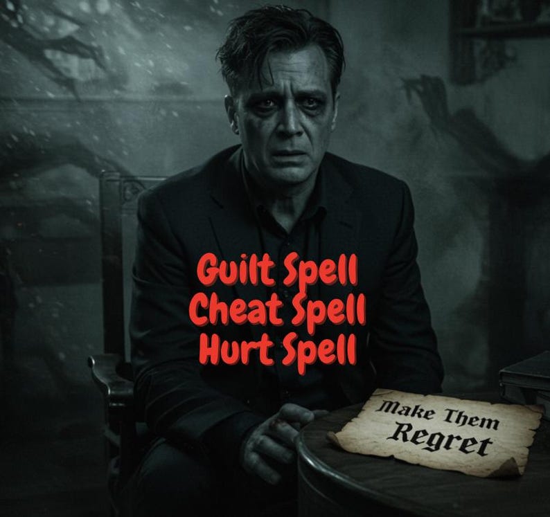 May include: A grayscale image of a man in a dark suit, looking distressed. Red text overlay reads "Guilt Spell, Cheat Spell, Hurt Spell." A scroll on a table says "Make Them Regret."