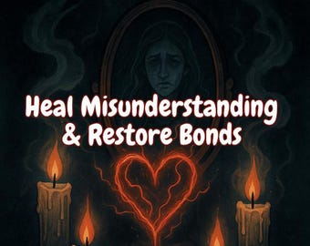 May include: An artistic illustration with the text "Heal Misunderstanding & Restore Bonds." The image features a mirror with a sad face, a glowing heart, and four lit candles with orange flames, set against a dark background.