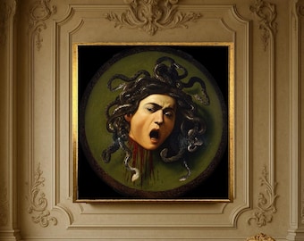 Arte mural en lienzo de Medusa de Caravaggio: obra maestra renacentista, pintura de mitología griega, decoración clásica dramática para el hogar.