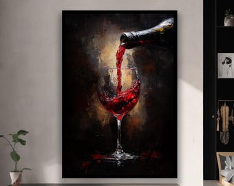 Väggkonst med rött vinglas – Elegant akrylmålning av hällande vin, Modern matsal och köksinredning, Samtida canvaskonstverk