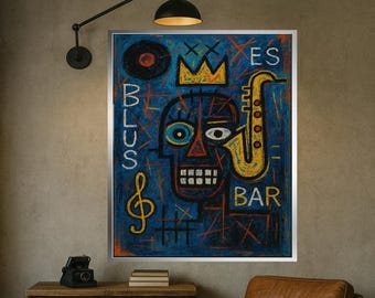 Blues Bar Canvas – Modern Street Art Wall Decor, Jazz Music Painting, Abstract Urban Artwork, Basquiat Style Expression