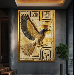 Impression en relief du faucon Horus : oeuvre d'art murale égyptienne de luxe sur toile