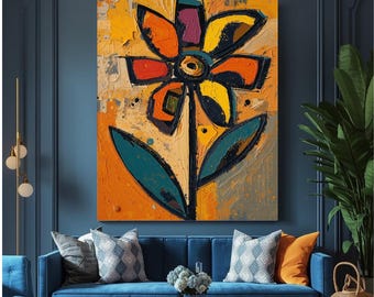 Arte murale moderna astratta con fiori, stampa su tela con fiori colorati, decorazione floreale boho, opera d'arte materica di metà secolo, dipinto floreale contemporaneo