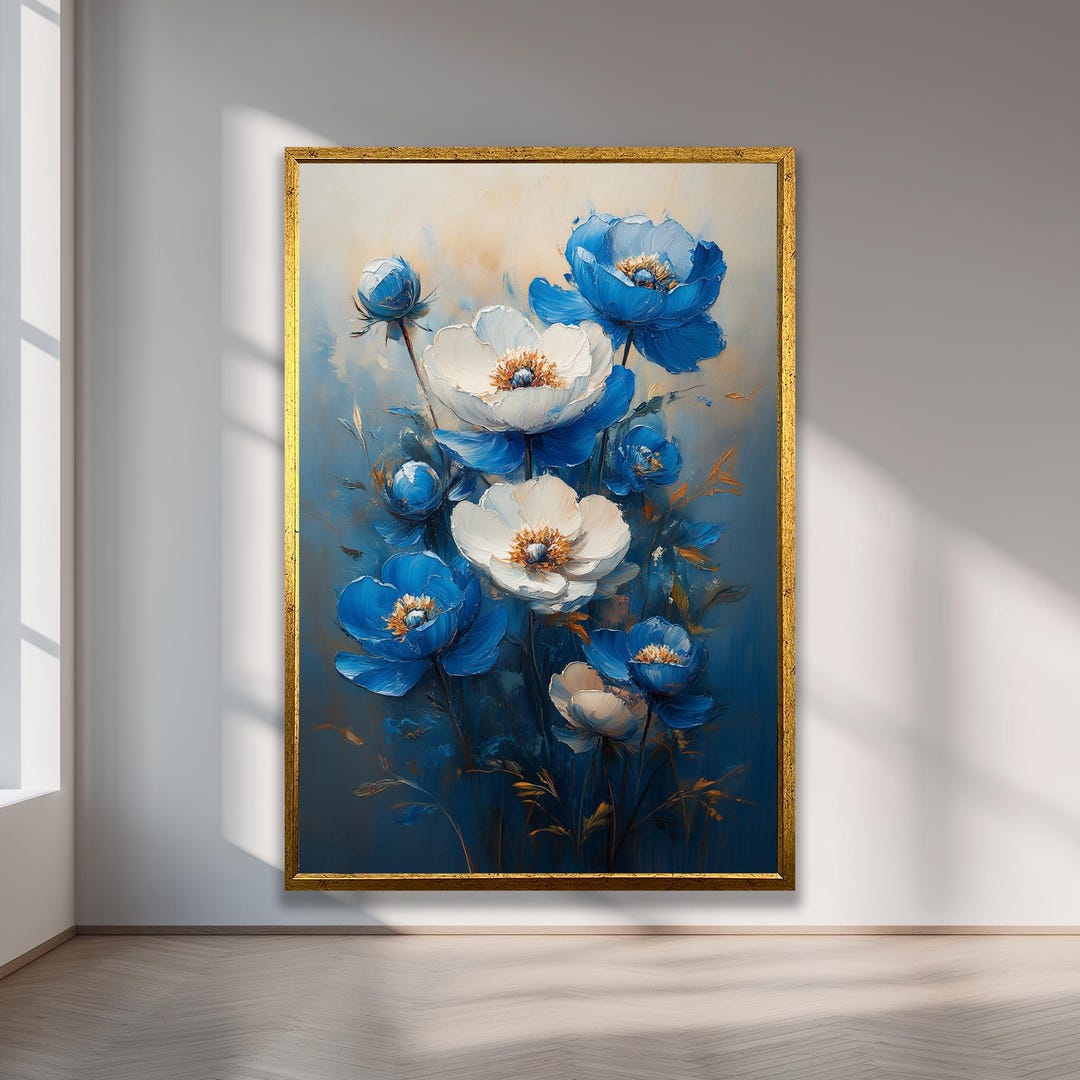 Blue and White Floral Canvas Wall Art | Modern Peony Flower Painting ...