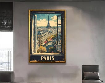 Väggkonst i Paris på canvas | Vintage reseaffisch i stil med Eiffeltornet | Romantiskt Frankrikekonstverk för heminredning