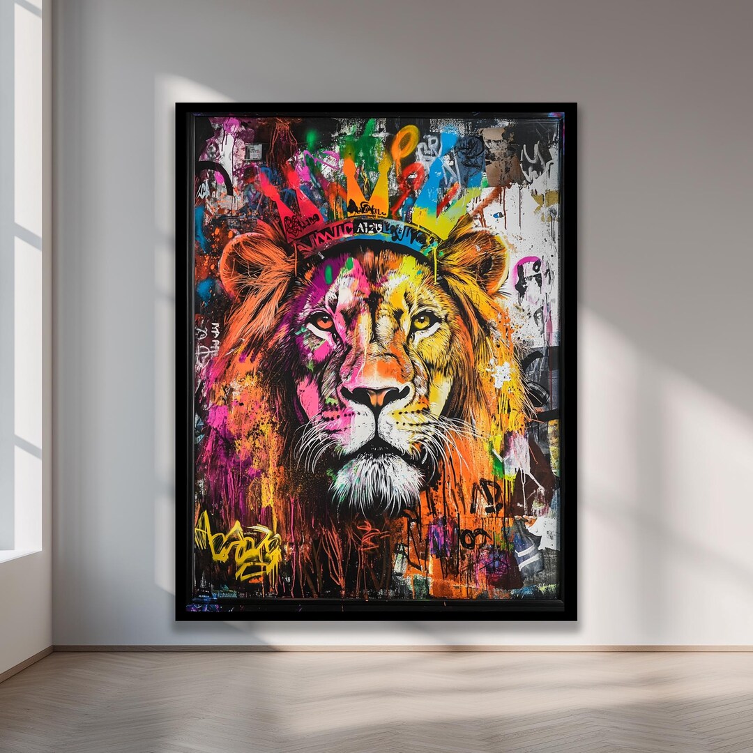 Graffiti Lion Canvas Wall Art | Colorful Urban Street Painting Print ...