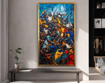Könnte beinhalten: Ein abstraktes Gemälde, das eine mittelalterliche Kampfszene darstellt. Das Kunstwerk zeigt zahlreiche Figuren in leuchtenden Farben, darunter Blau, Gelb, Rot und Orange, die mit Schwertern und Speeren kämpfen. Das Gemälde ist in einem goldfarbenen Rahmen gerahmt.