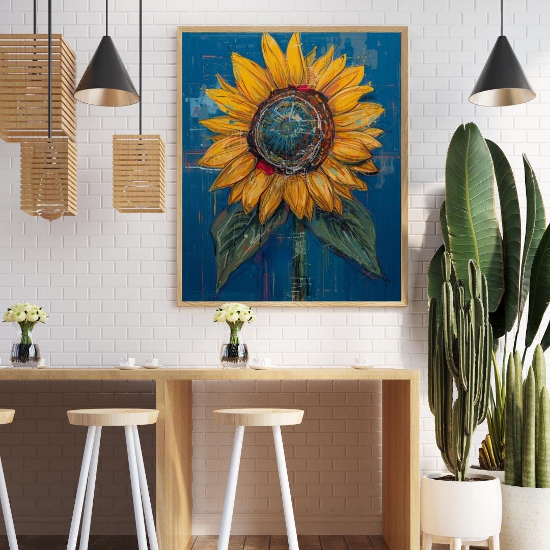 Sunflower Wall Art Print, Yellow Flower Painting, Blue Abstract Canvas ...