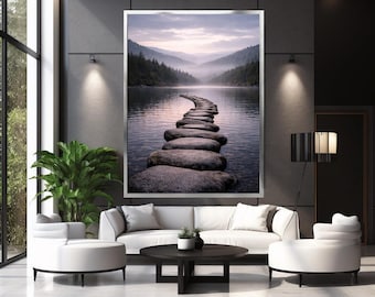Zen Stone Path Canvas Wall Art, Serene Lake Landscape, Minimalist Nature Decor, Meditation Wall Art, Calm Interior Art