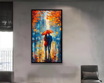 Romantic Couple Wall Art – Colorful Abstract Oil Painting of Lovers Under Umbrella, Autumn Park Canvas Print, Home Decor Gift