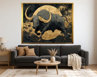 Golden Bull Framed Canvas Print - Majestic Animal Wall Art