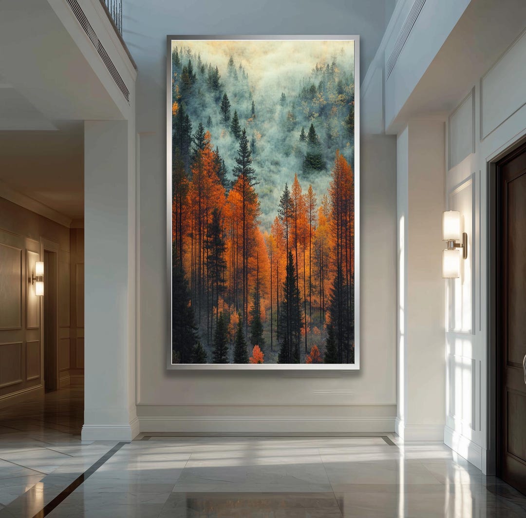 Golden Autumn Forest Landscape – Misty Pine Trees Canvas Wall Art ...