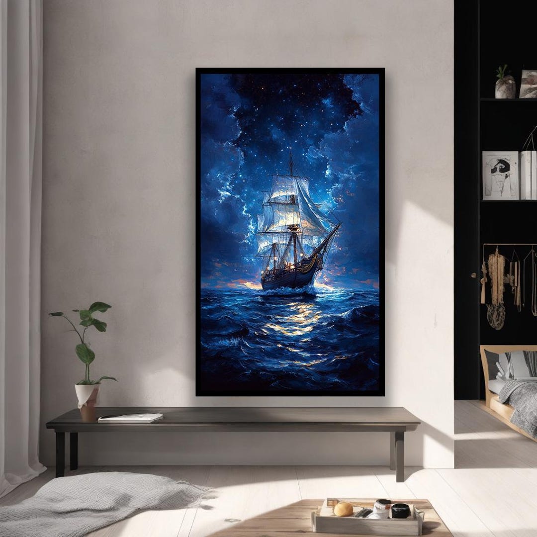Starry Night Ocean Voyage – Tall Ship Under Moonlit Sky Canvas Wall Art ...