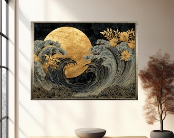 May include: A framed artwork depicting a golden sun and stylized ocean waves in shades of blue, black, and gold. The artwork features floral accents and a dark background, creating a dramatic and elegant aesthetic. The piece is displayed in a well-lit room.
